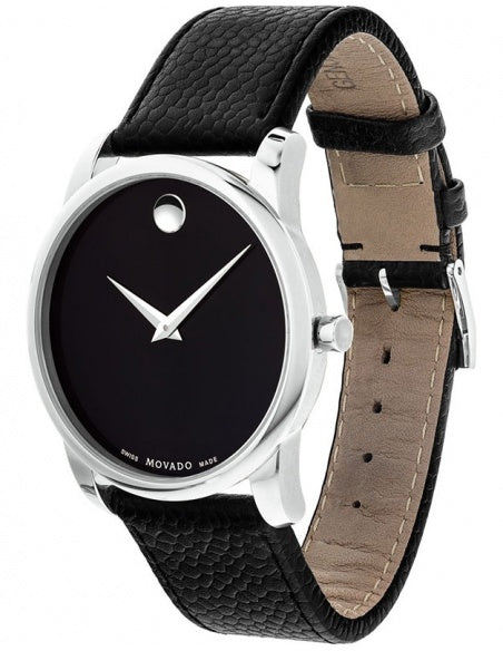 Movado Museum Classic watch angled view showing stainless steel case, black dial, and leather strap