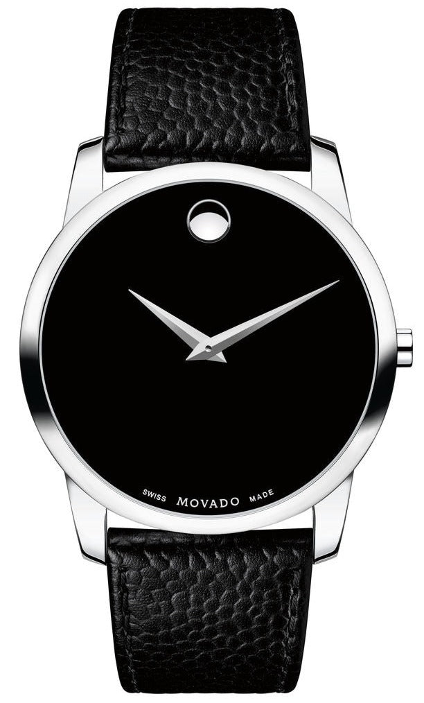 Movado Museum Classic black dial men's watch on wrist with black leather strap