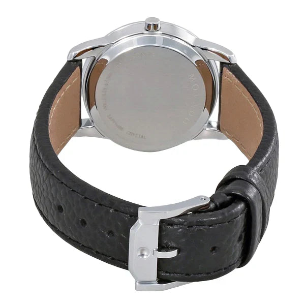 Movado Museum Classic 0607015 caseback showing stainless steel case with black leather strap