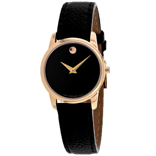 Movado Museum Classic watch with rose gold case, black dial, and textured black leather strap angled view