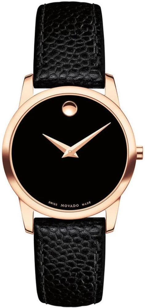 Movado Museum Classic black dial watch with rose gold case and black leather strap front view