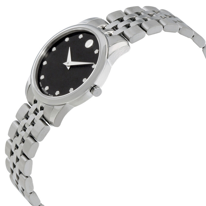 Movado Museum watch at angle showing stainless steel bracelet and black dial with diamond markers