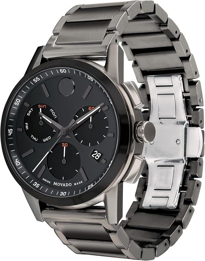 Movado Museum Sport Chronograph side view showing stainless steel bracelet and lugs