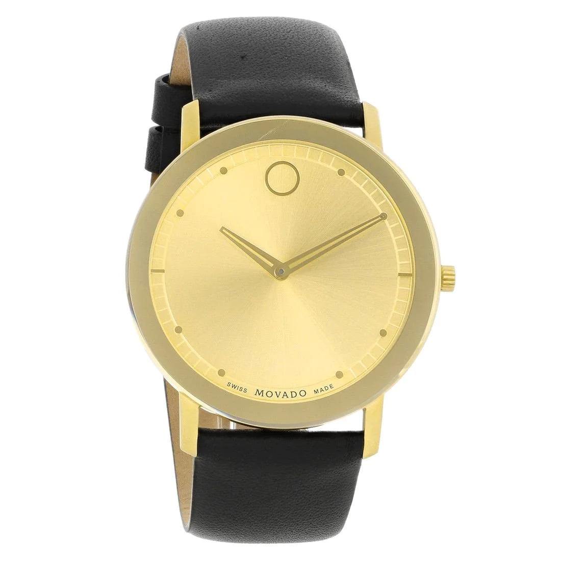 Movado Sapphire gold watch with minimalist champagne dial and Movado signature dot marker