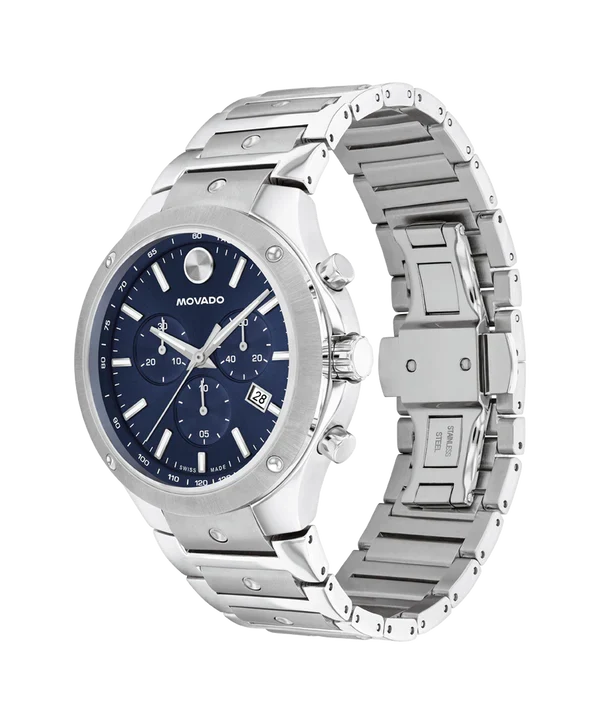 Movado SE Chronograph profile view showing stainless steel case and bracelet