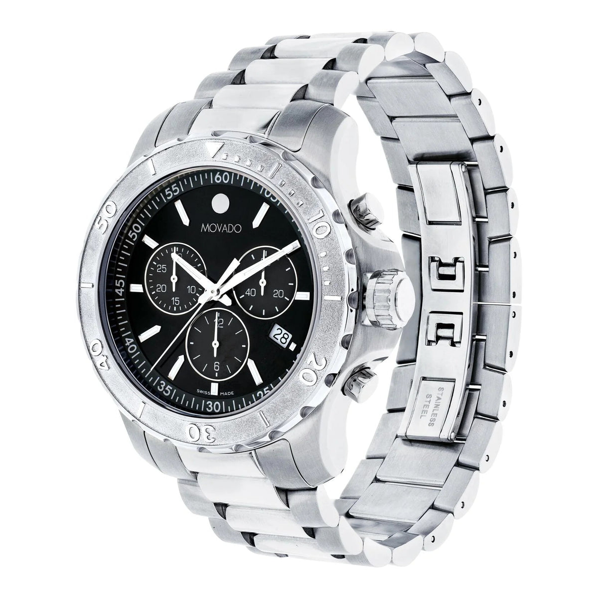 Movado Series 800 chronograph with stainless steel three-link bracelet shown at angle