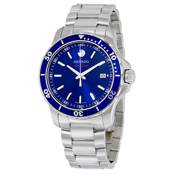 Movado Series 800 watch at angle showing stainless steel bracelet and blue dial