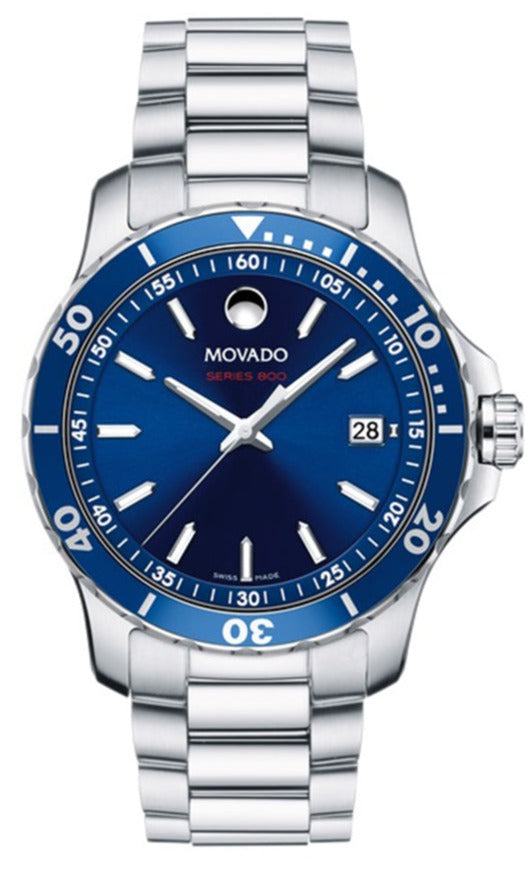 Movado Series 800 stainless steel watch with blue dial and blue bezel, front view