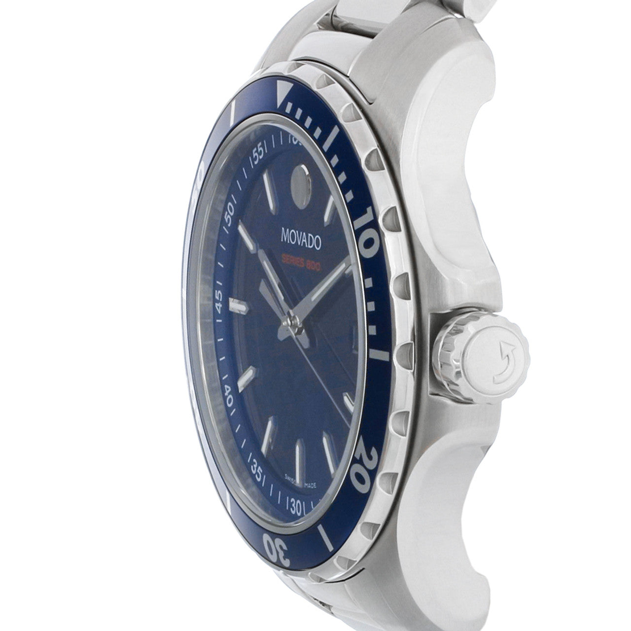 Movado Series 800 watch profile view showing blue rotating bezel and case depth
