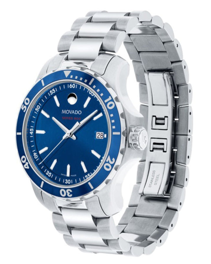 Movado Series 800 watch side view displaying stainless steel case and integrated bracelet