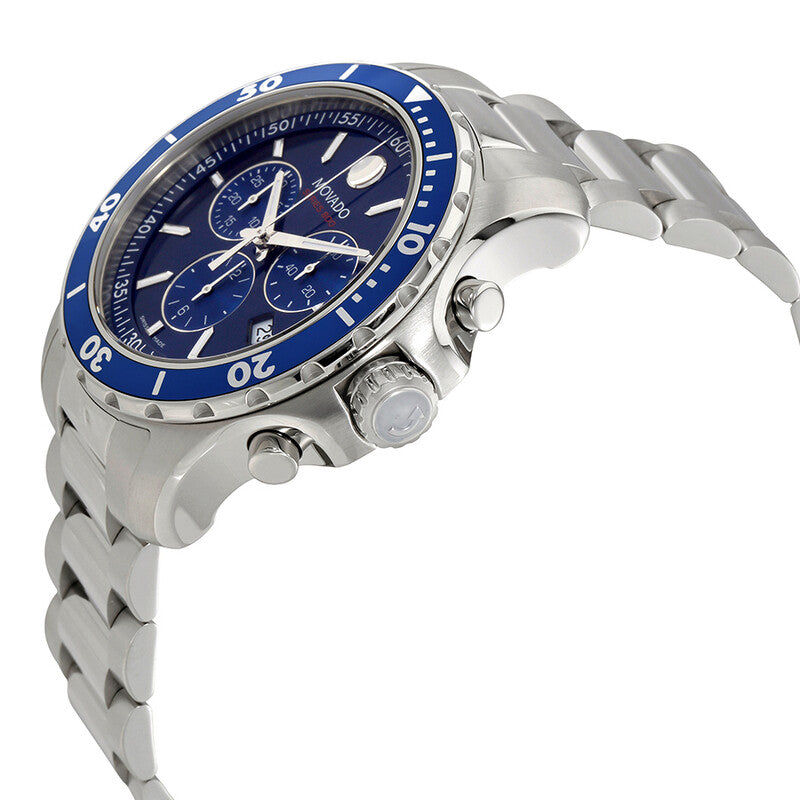 Movado Series 800 chronograph with blue dial shown from the side view