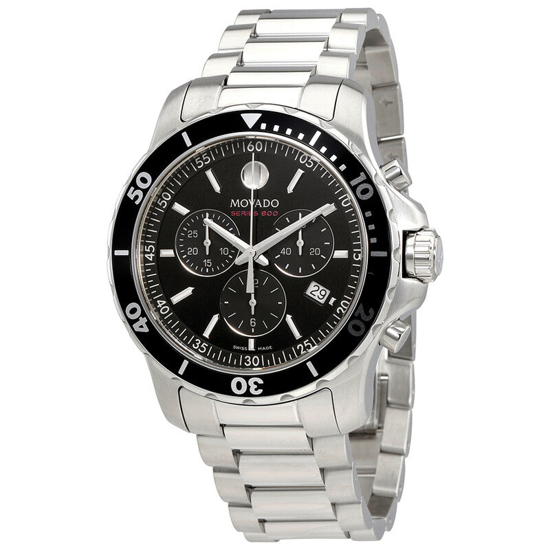 Movado Series 800 chronograph watch at angle showing black bezel, three subdials, and stainless steel bracelet