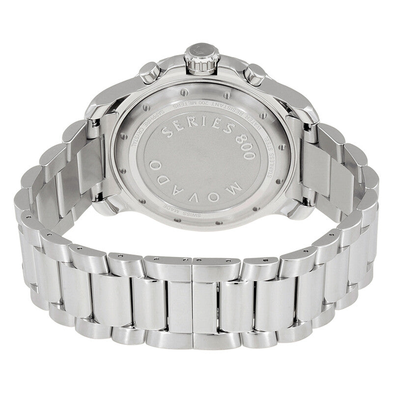 Movado Series 800 stainless steel caseback with Series 800 engraving and screw-down crown detail