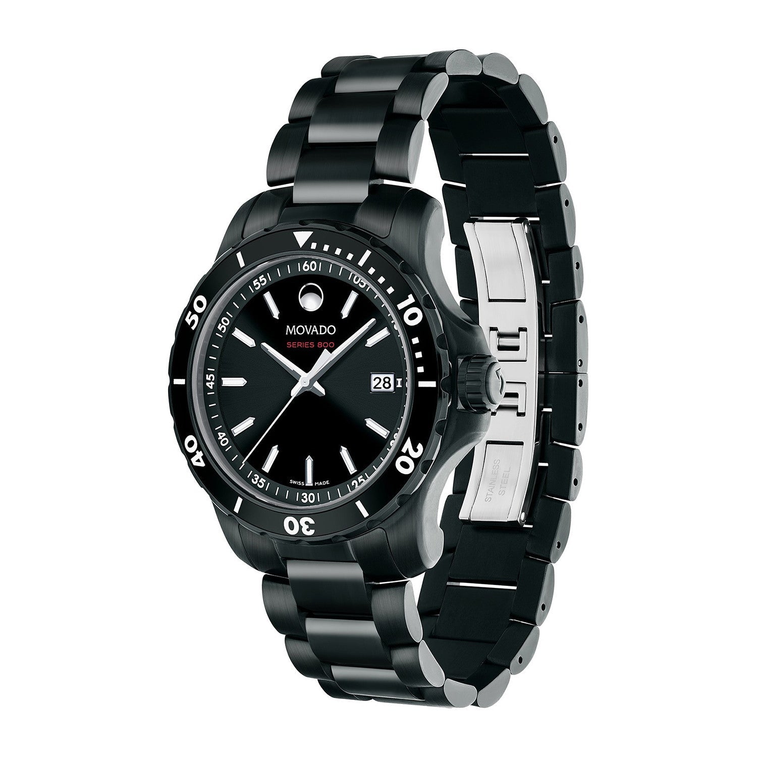 Movado Series 800 watch at angle showing black PVD case, dial, and bracelet with clasp