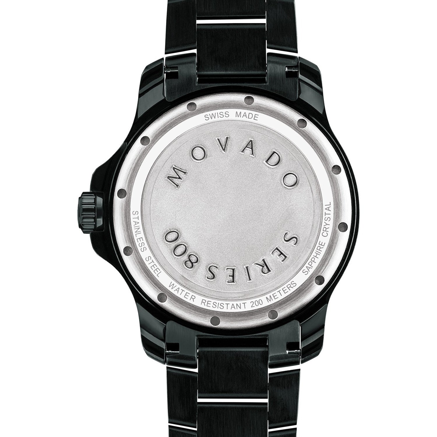 Caseback of Movado Series 800 watch with Swiss Made marking and water resistance rating