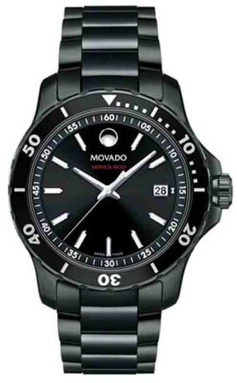 Movado Series 800 men's watch with black dial, date window, and black PVD bracelet