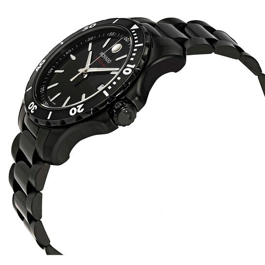 Movado Series 800 men's watch worn on wrist showing black dial and rotating bezel