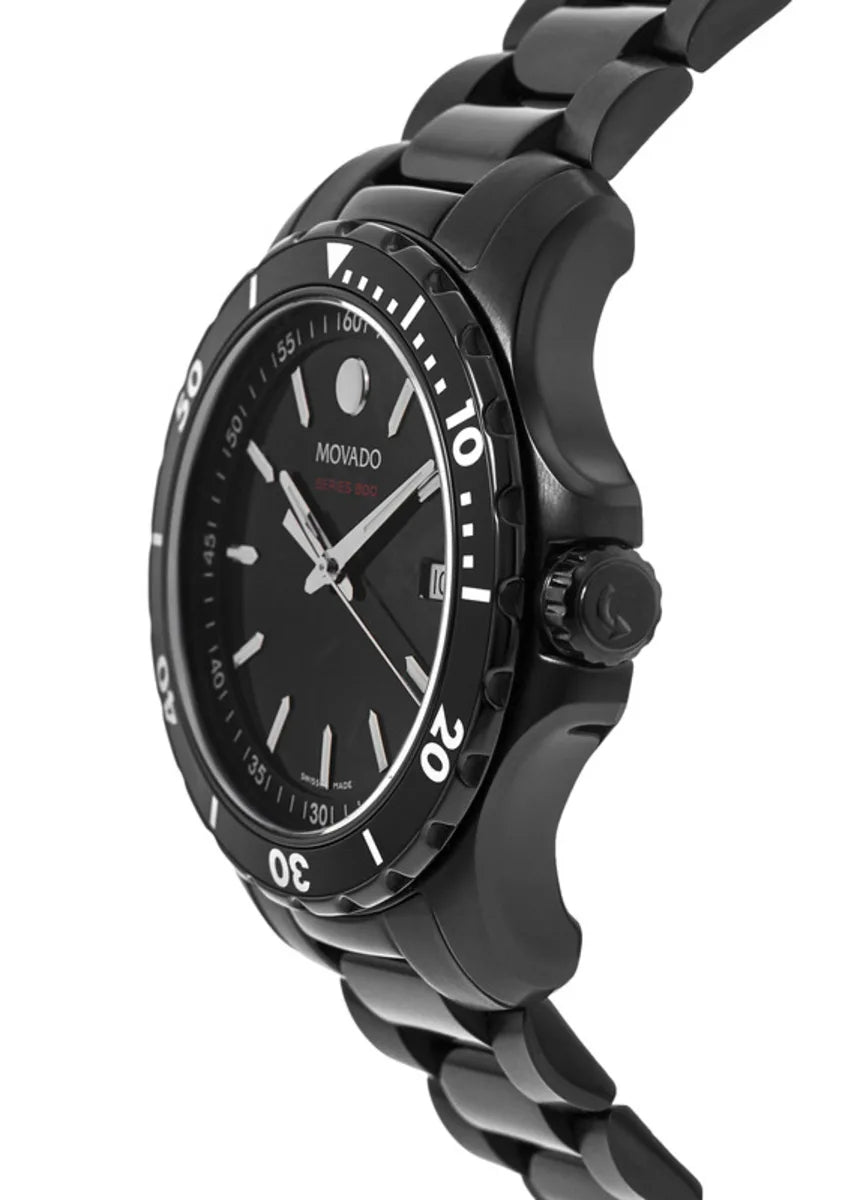 Side profile of Movado Series 800 watch showing black PVD case and bracelet thickness