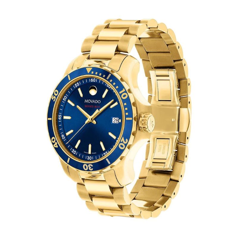 Movado Series 800 Blue Dial Gold Steel Strap Mens's Watch - 2600144