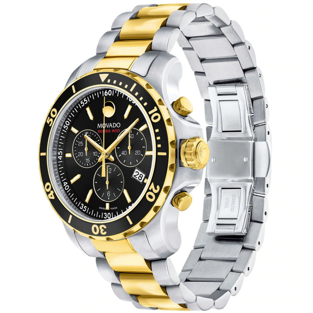 Side angle view of Movado Series 800 chronograph with two-tone case and black bezel