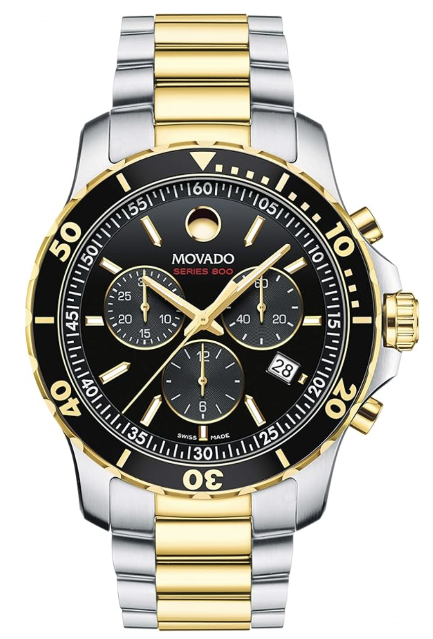 Movado Series 800 chronograph watch with black dial and two-tone steel gold bracelet