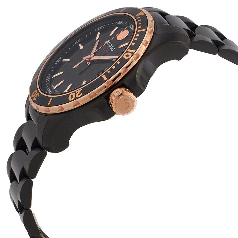 Side angle view of Movado Series 800 showing black steel bracelet and rose gold bezel
