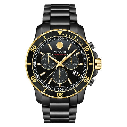 Movado Series 800 black PVD chronograph watch displayed at angle showing case and bracelet detail