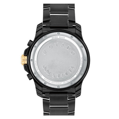 Movado Series 800 caseback showing Swiss-made engraving and water resistance marking