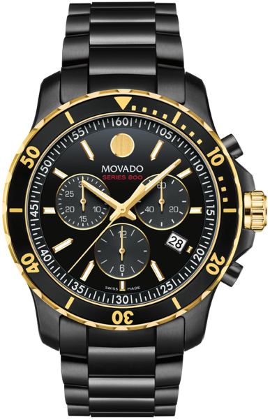Movado Series 800 black PVD chronograph watch with gold bezel, black dial, and three subdials