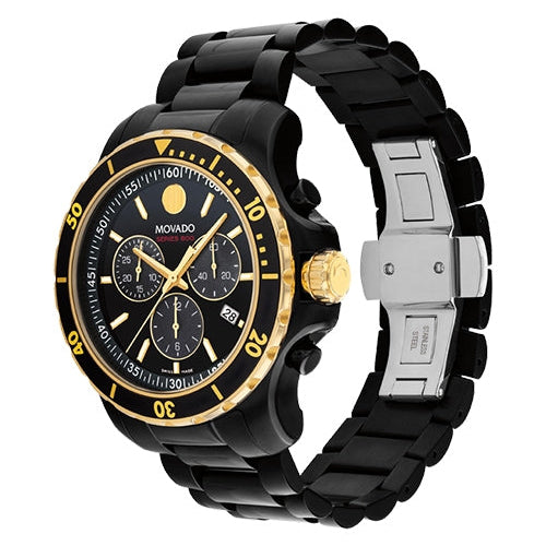 Movado Series 800 black PVD chronograph watch shown from side with strap and deployment clasp visible