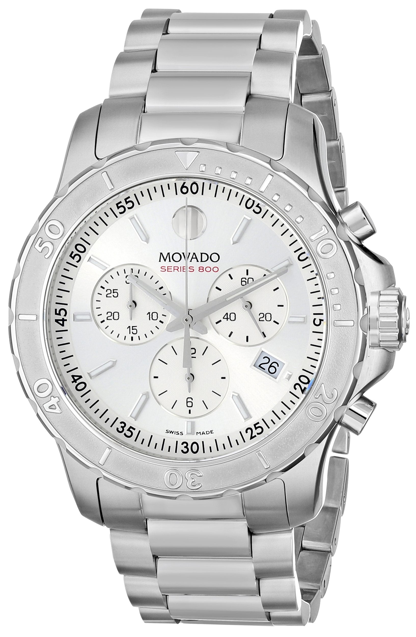 Movado Series 800 Chronograph men's watch at three-quarter angle showing dial and stainless steel bracelet
