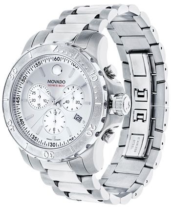 Movado Series 800 Chronograph silver dial watch worn on wrist showing stainless steel bracelet