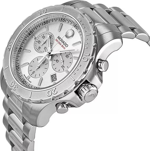 Movado Series 800 Chronograph watch side profile view showing stainless steel case and bracelet