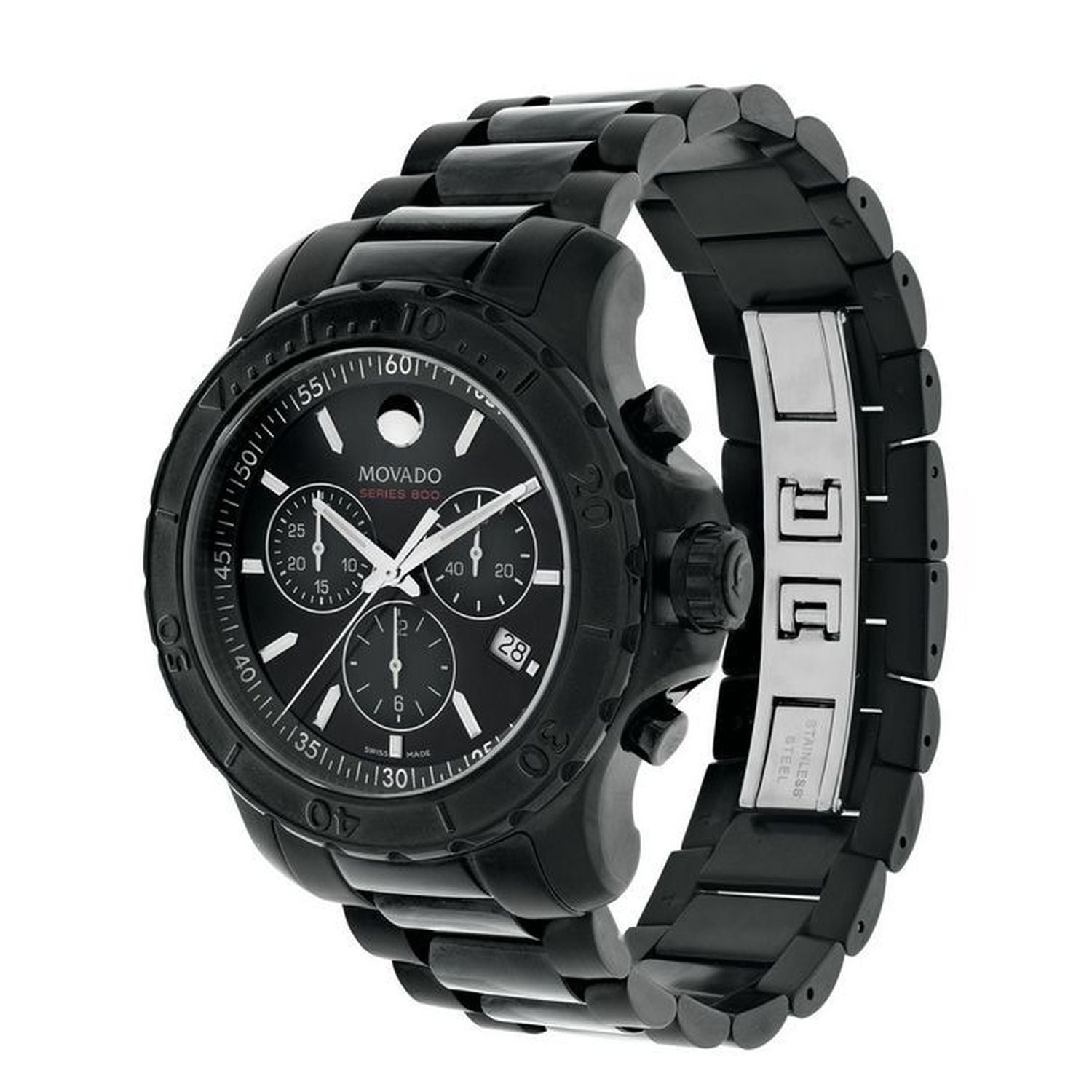 Movado Series 800 Chronograph black PVD case and bracelet shown at side angle