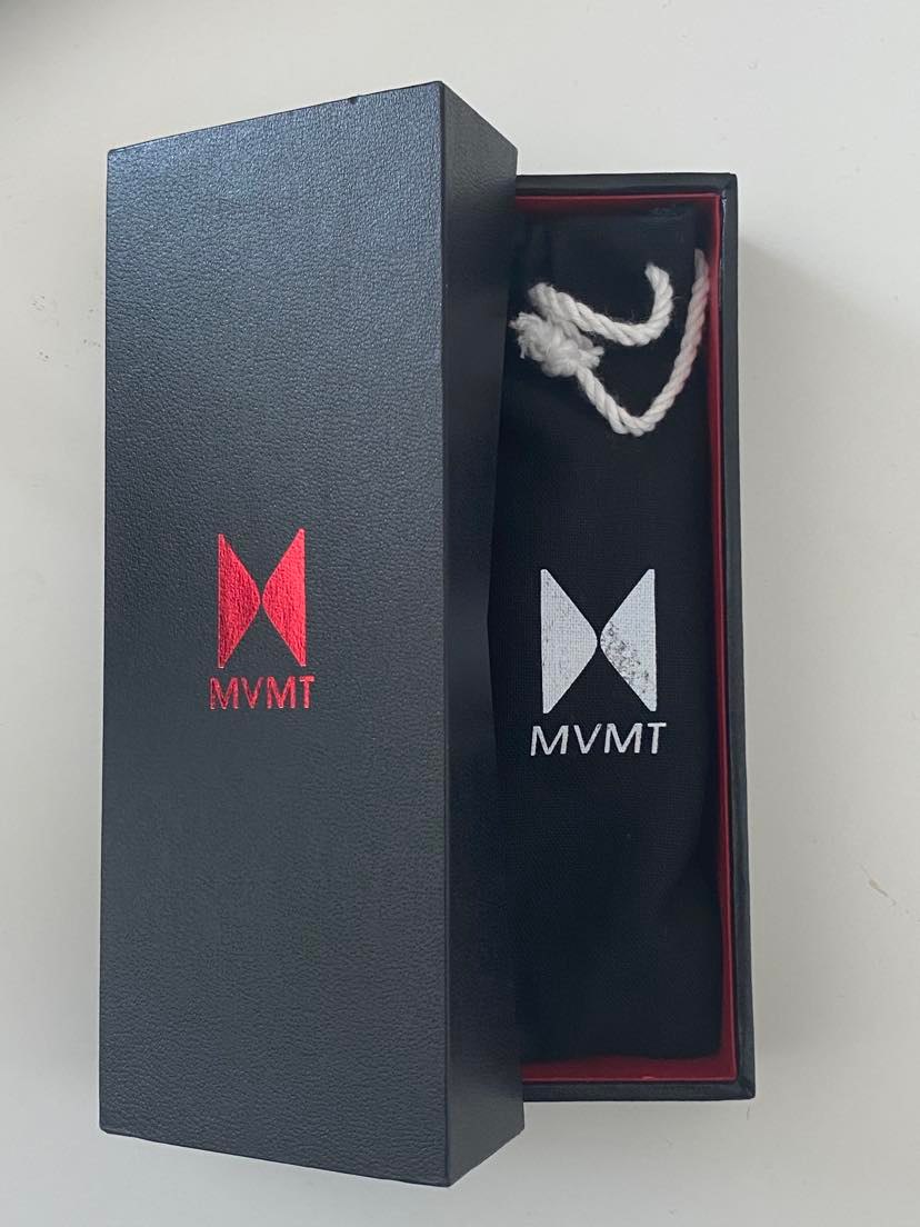 MVMT branded packaging box containing leather watch strap