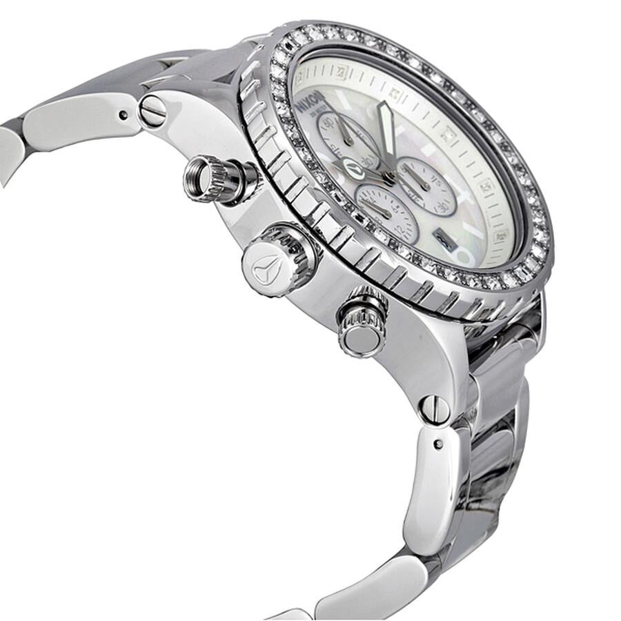 Nixon 42-20 Chronograph side view showing stainless steel bracelet and chronograph pushers