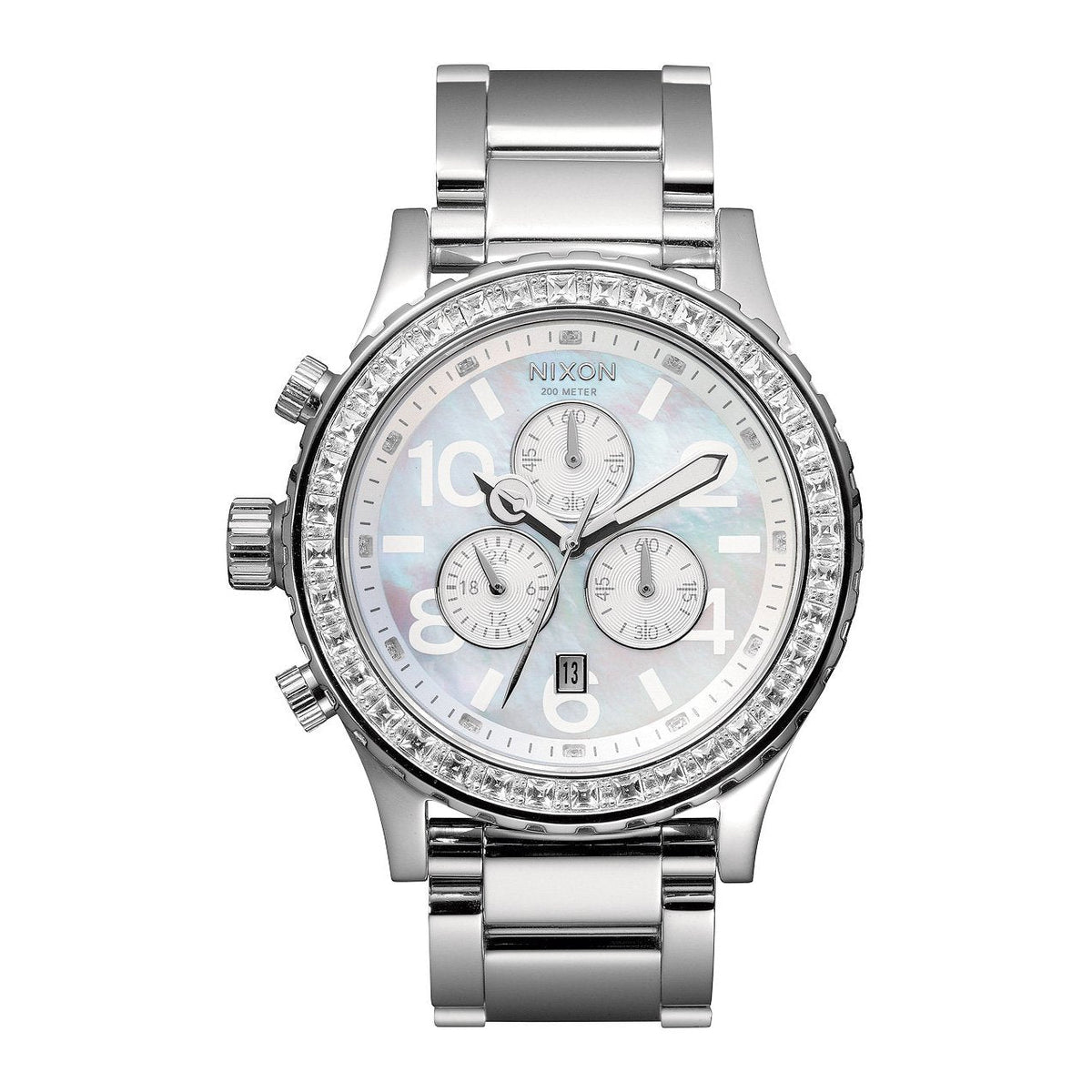 Nixon 42-20 Chronograph Crystal women's watch with pearl dial and crystal bezel