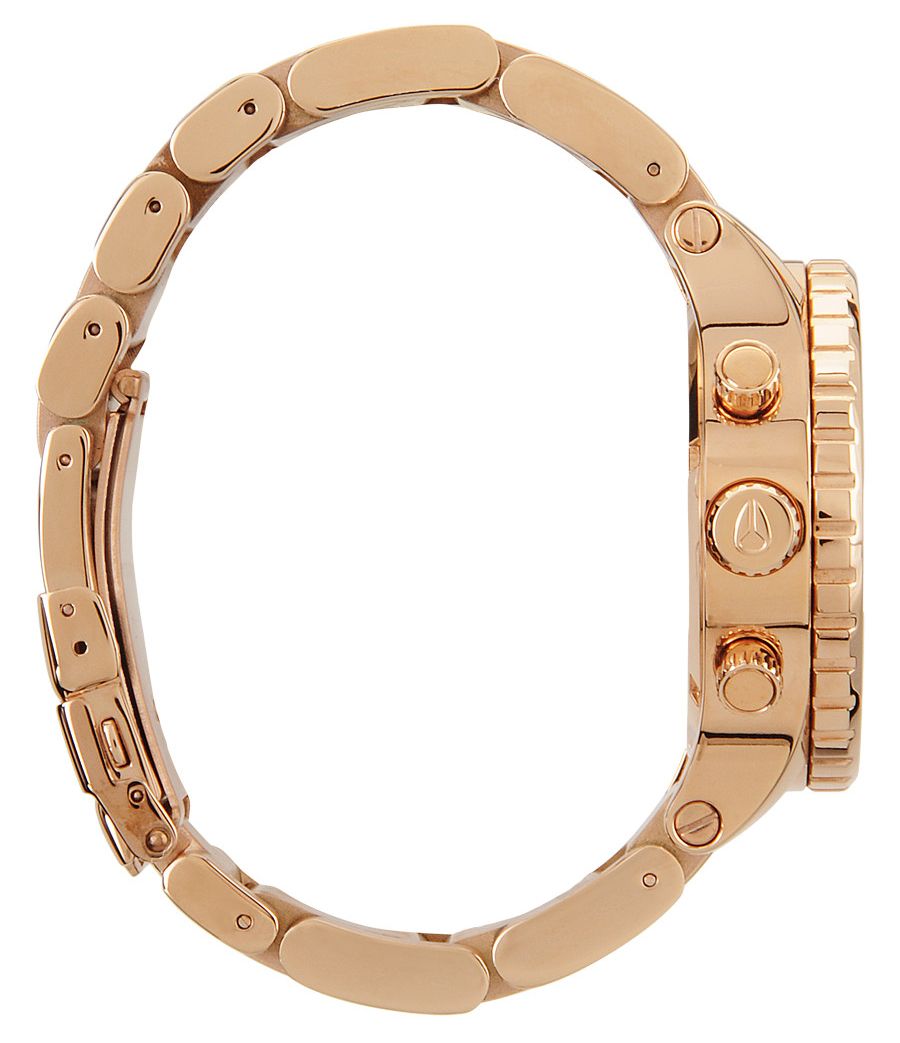 Side view of Nixon 42-20 watch with rose gold-tone bracelet and case, showing chronograph pushers