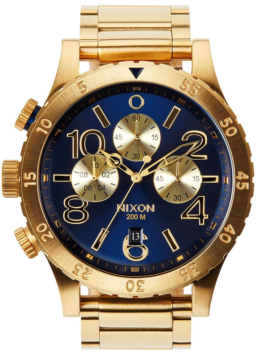 Nixon 48-20 Chrono blue dial gold PVD chronograph watch with three subdials and gold link bracelet