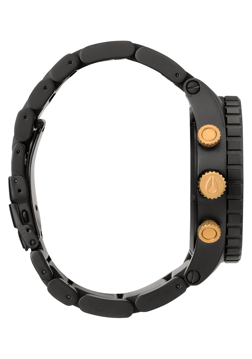 Angled view of Nixon 51-30 showing black strap with gold chronograph pushers and crown