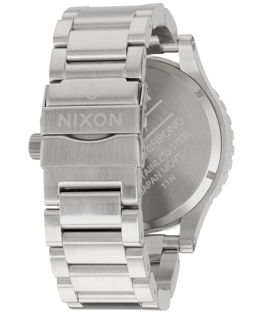 Nixon 51-30 case back view showing stainless steel bracelet and chronograph design