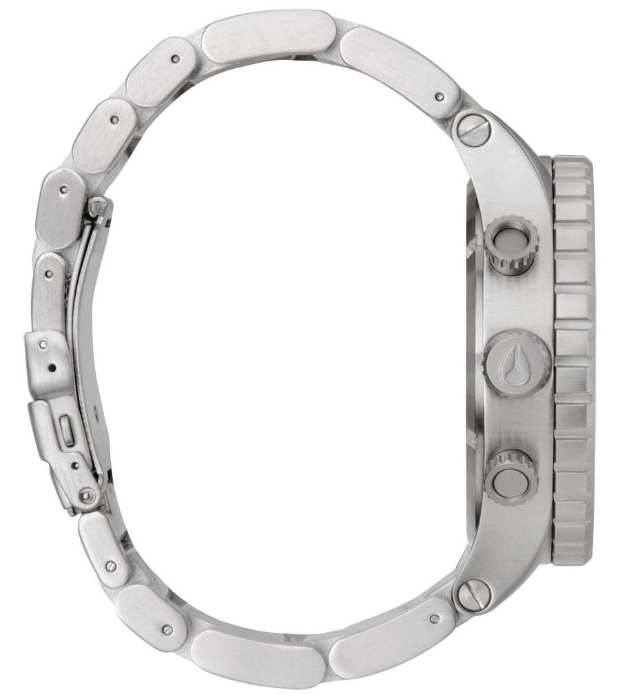 Nixon 51-30 silver stainless steel bracelet and side case view with chronograph pushers
