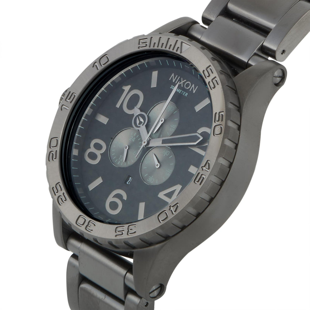 Nixon 51-30 Chronograph gunmetal dial detail with subdials and Arabic numerals