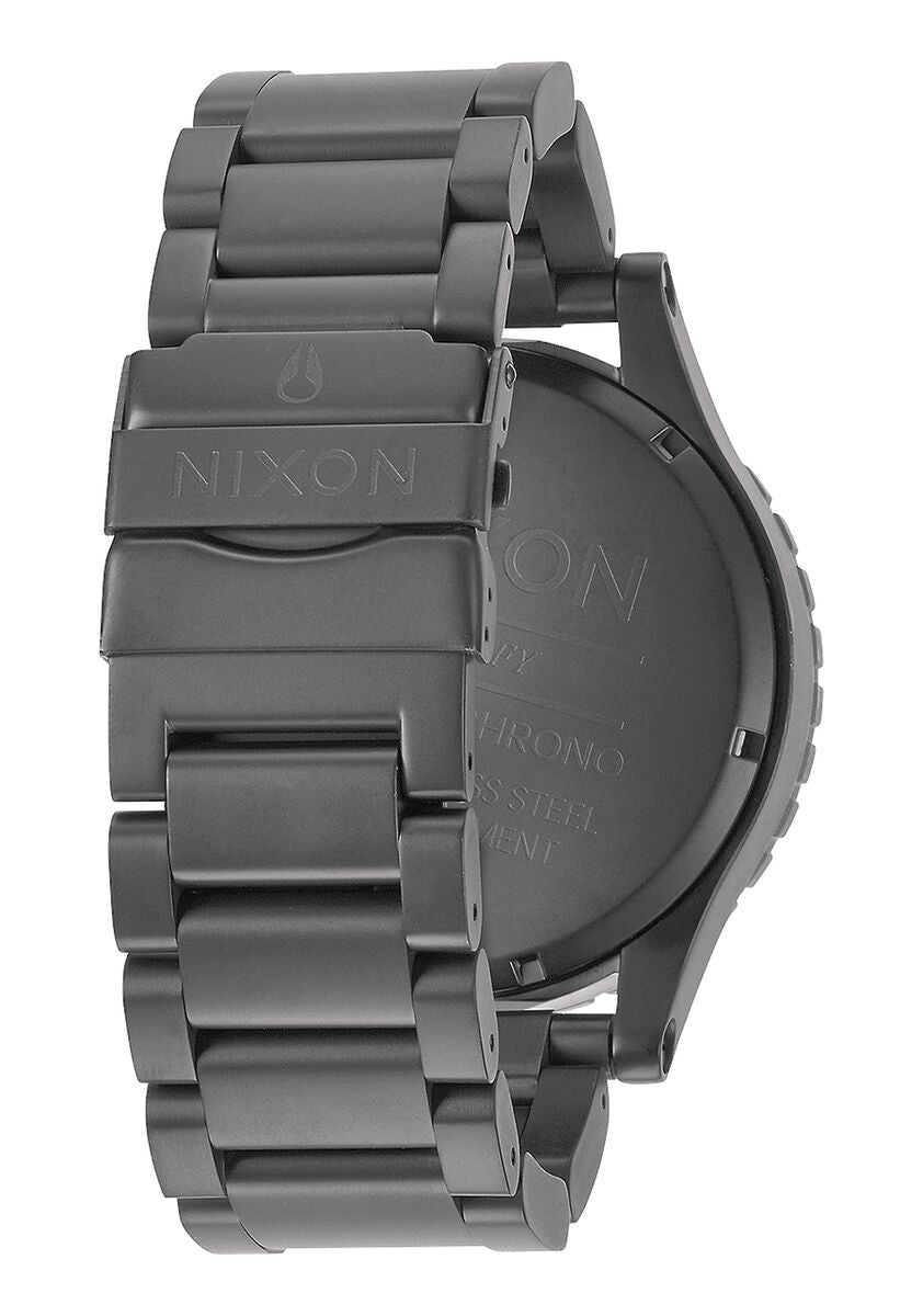 Nixon 51-30 Chronograph gunmetal watch caseback and side view with metal bracelet