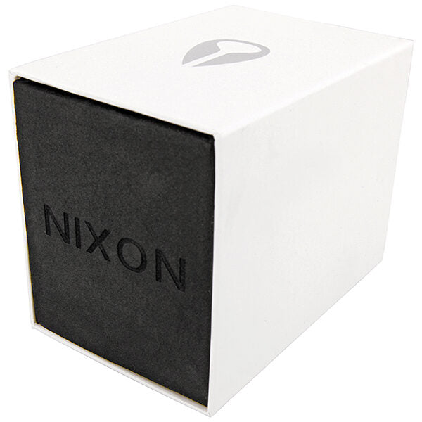 Nixon branded watch box with white exterior and dark interior packaging