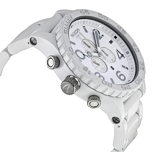 Nixon 51-30 Chronograph white chronograph watch at angle showing white band