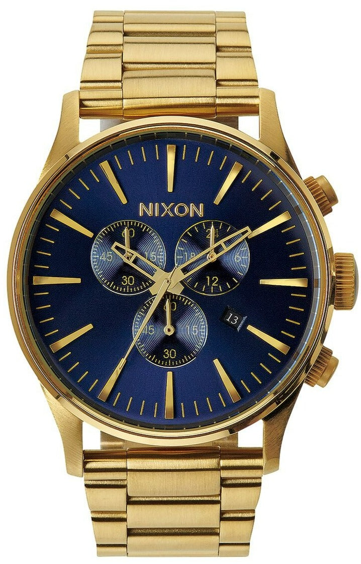 Nixon Sentry Chronograph watch with gold-tone case, blue sunray dial, and gold indices