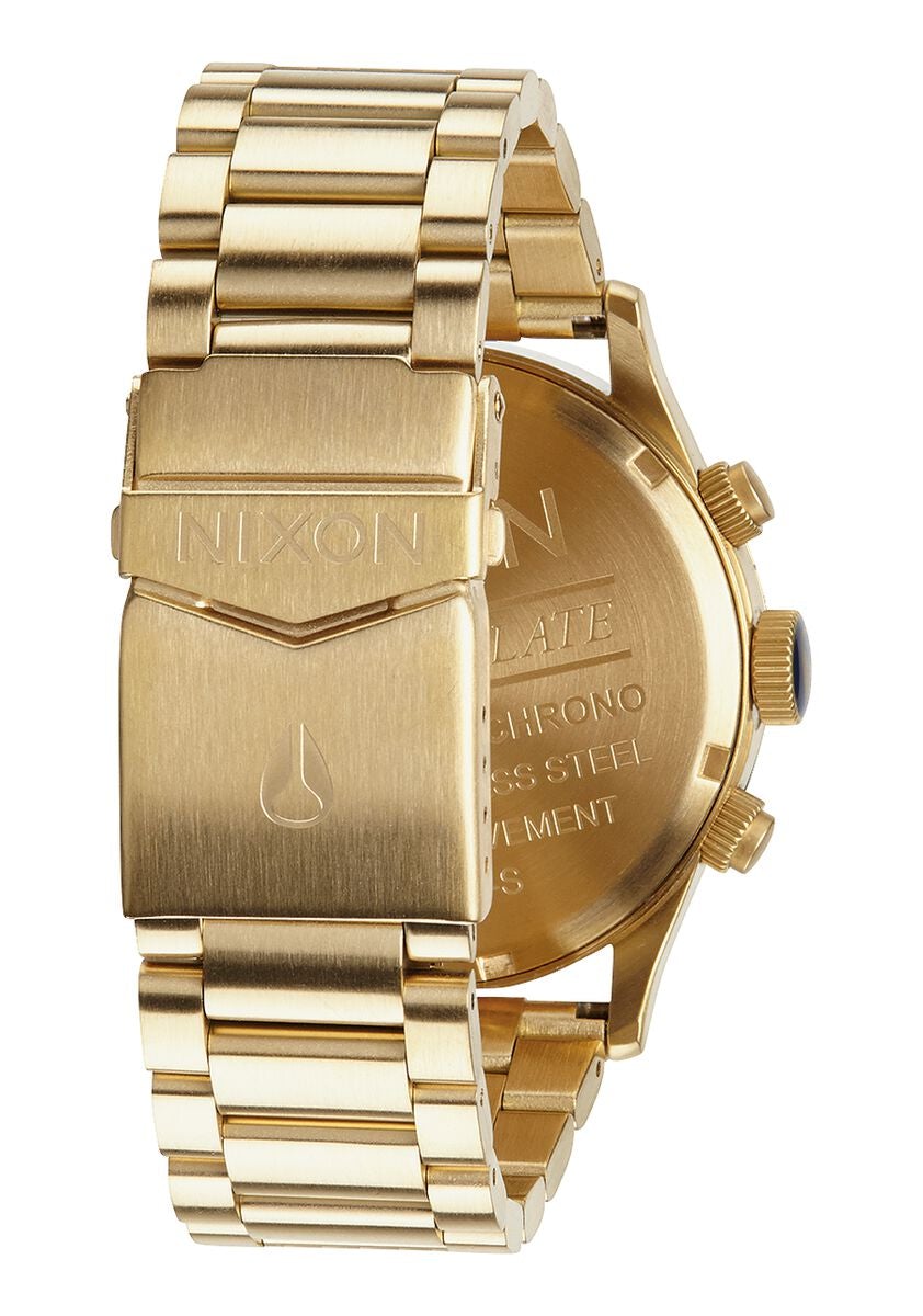 Case back of Nixon Sentry Chronograph with engraved branding and chronograph movement details