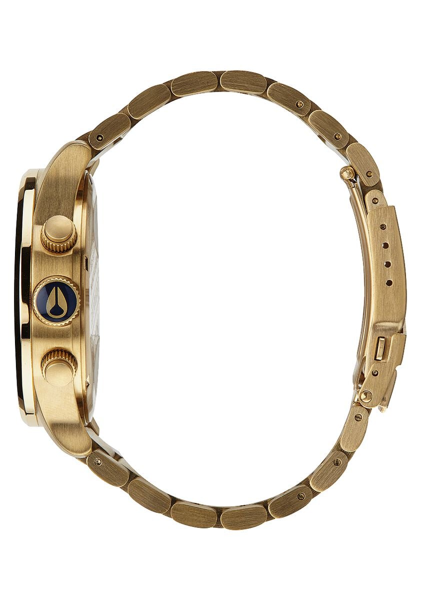 Side view of Nixon Sentry Chronograph showing gold-tone stainless steel bracelet and case profile