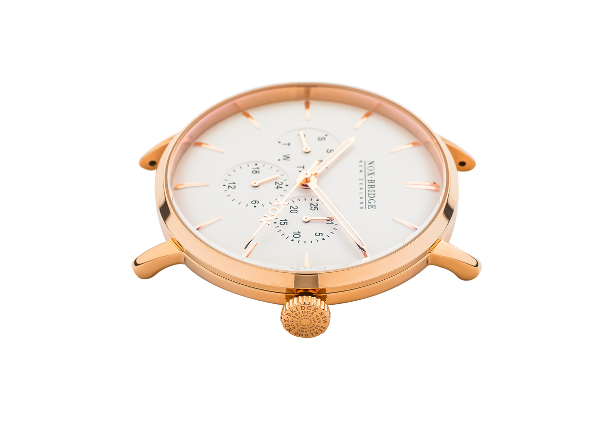 Noxbridge Classic Capella dial detail with chronograph subdials, rose gold hands, and hour markers